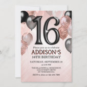 16th Birthday Roos Gold Balloons Invitation Kaart (Voorkant)
