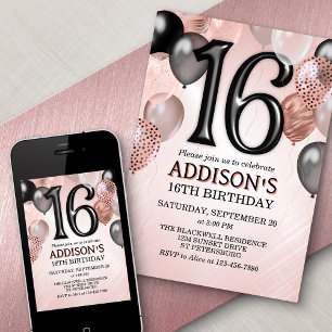 16th Birthday Roos Gold Balloons Invitation Kaart