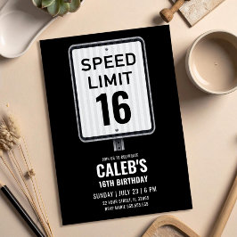 16th Birthday Speed Limit Black and White Sign Kaart