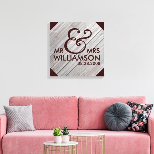 16x16 Country Wood Wrapped Canvas Wedding Date Art (Insitu (Woonkamer))