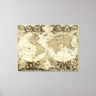 1708 wereldkaart door Jean Baptiste Nolin Canvas Afdruk