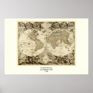 1708 Wereldkaart van Jean Baptiste Nolin Poster