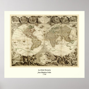 1708 Wereldkaart van Jean Baptiste Nolin Poster