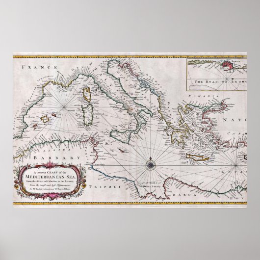 1745 Seale kaart of zeekaart van de Middellandse Z Poster (Voorkant)