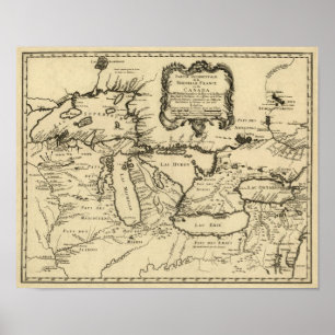 1755 Grote Meren en kaart New France/Canada Poster