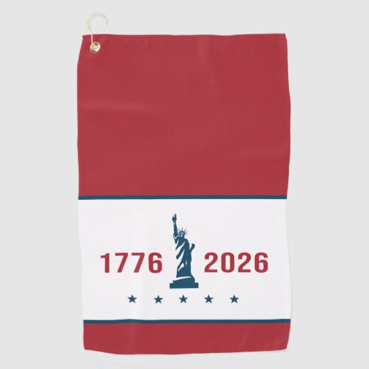 1776 2026 Rode Witte & Blauwe Standbeeld van Liber Golfhanddoek (Voorkant)