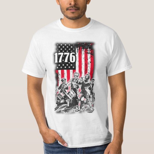 1776 Vlag met afbeelding van Geest van 76 muzikant T-shirt (Voorkant)
