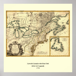 1778 Kaart van Canada en de Verenigde Staten Poster