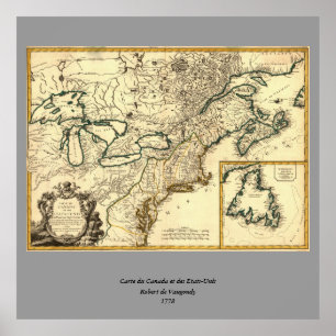 1778 Kaart van Canada en de Verenigde Staten Poster