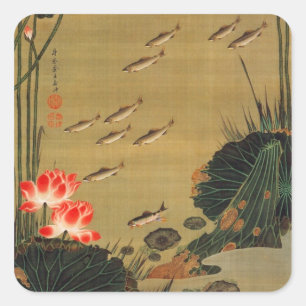17. 蓮 遊 魚 図, 若 冲 met de Lotus, Jakuchüu Vierkante Sticker