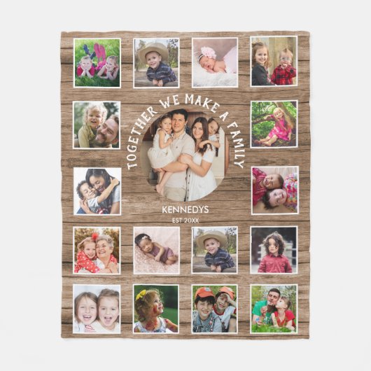 17 Foto Collage Familienaam Quote Rustic Wood Fleece Deken (Voorkant)
