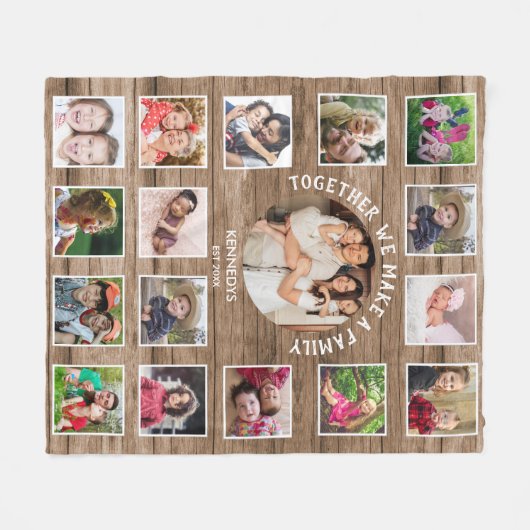17 Foto Collage Familienaam Quote Rustic Wood Fleece Deken (Voorkant (Horizontaal))