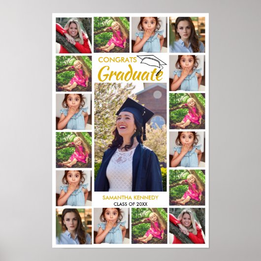 17 Foto Collage Goud Gefeliciteerd Geslaagd Wit Poster (Voorkant)