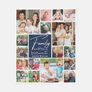 17 Photo Collage Familienaam Quote Blauw en Wit Fleece Deken