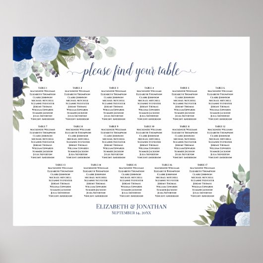 17 Tabel Blauwe Boho Floral Wedding Seating Chart Poster (Voorkant)