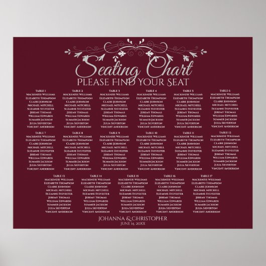 17 Tabel Elegant Bourgogne Wedding Seating Chart Poster (Voorkant)