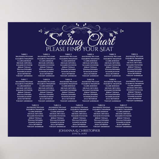 17 Tabel Elegant marineblauw bruiloft Poster (Voorkant)