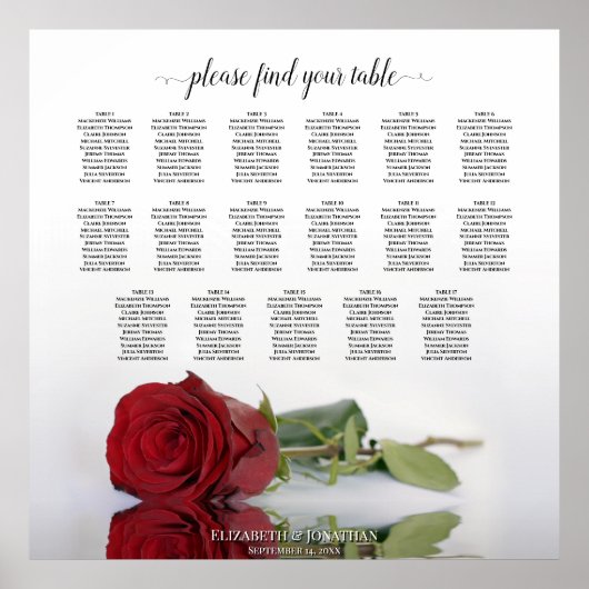 17 Tabel Elegant Red Rose Wedding Seating Chart Poster (Voorkant)