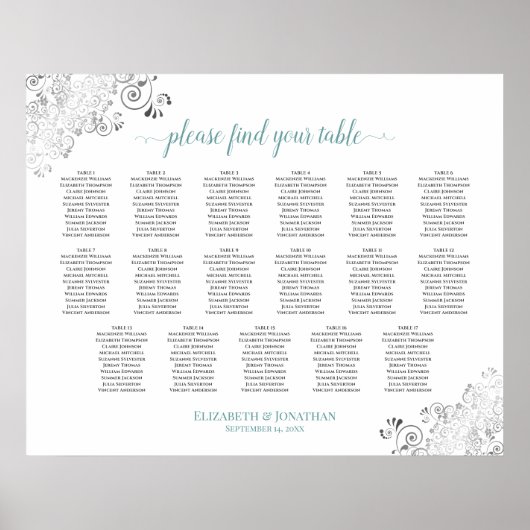 17 Tabel Frilly White Wedding Seating Chart Blauwg Poster (Voorkant)