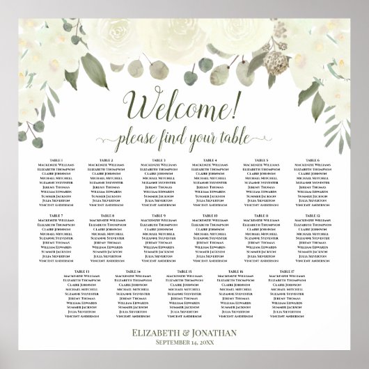17 Tabel Ivoor White Floral Wedding Seating Chart Poster (Voorkant)