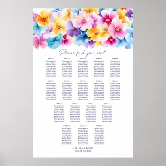 17 Tabel Kleurrijke Bloemen Trouwstoel Grafiek Poster (Voorkant)