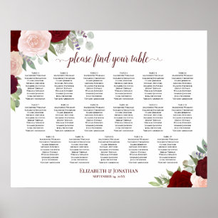 17 Tabel Rood en roze Floral Wedding Seating Chart Poster