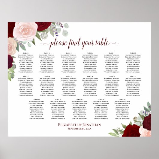 17 Tabel Rood en roze Floral Wedding Seating Chart Poster (Voorkant)
