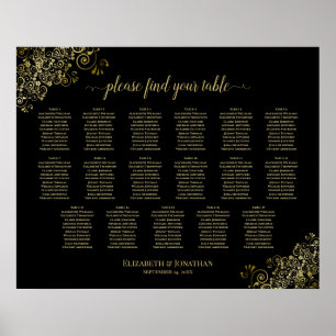 17 Tafel Gold Frills Black Wedding Seating Chart Poster