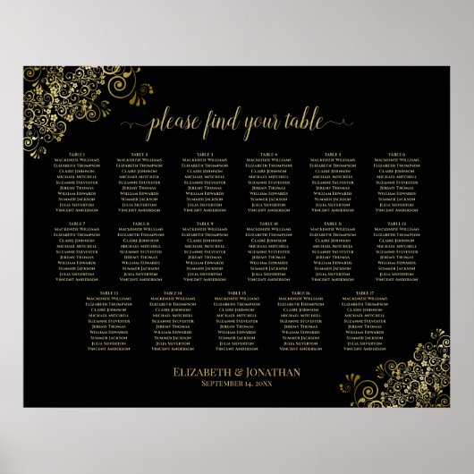 17 Tafel Gold Frills Black Wedding Seating Chart Poster (Voorkant)