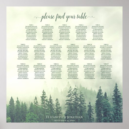 17 Tafel Groene Pine Forest Wedding Seating Chart Poster (Voorkant)