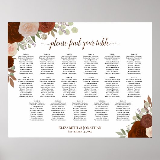 17 Tafel herfst Boho Rozen Wedding Seating Chart Poster (Voorkant)