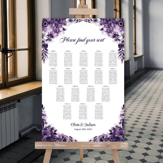 17 Tafel Paarse Bloem Bruiloftstoelindeling Grafie Poster