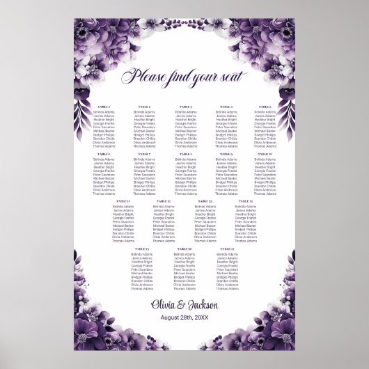 17 Tafel Paarse Bloemenbruiloft Zitkaarten Poster (Voorkant)