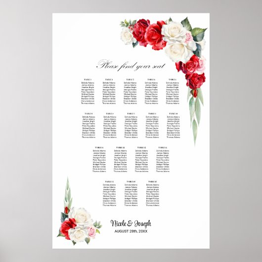 17 Tafel Rood Wit Rose Bloemen Zitting Grafiek Poster (Voorkant)