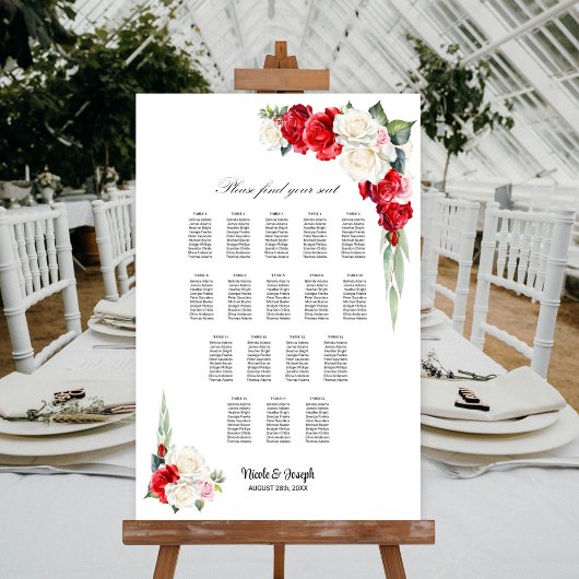 17 Tafel Rood Witte Roos Bloemstuk Stoelenindeling Poster