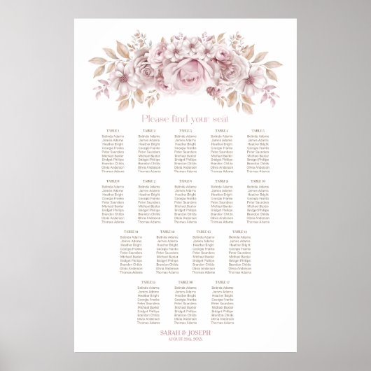 17 Tafel Roze Bloemen Huwelijk Zitting Grafiek Poster (Voorkant)