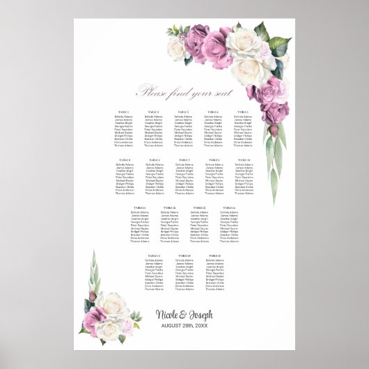 17 Tafel Roze Witte Roos Bloemen Zitting Grafiek Poster (Voorkant)