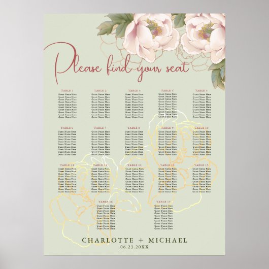 17 Tafel Salie & Blush Bloemen Trouwstoel Zitting  Poster (Voorkant)