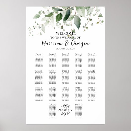 17 Tafels Groen Elegant Bruiloft Zittafel Grafiek Poster (Voorkant)