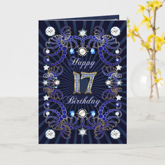 17de verjaardagskaart met massa's van juwelen kaart (Gele Bloem)