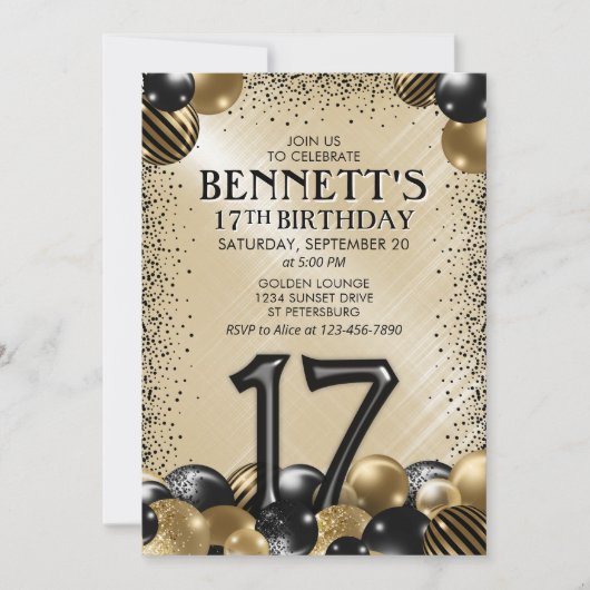 17e ballonnen zwart goud verjaardag kaart (Voorkant)