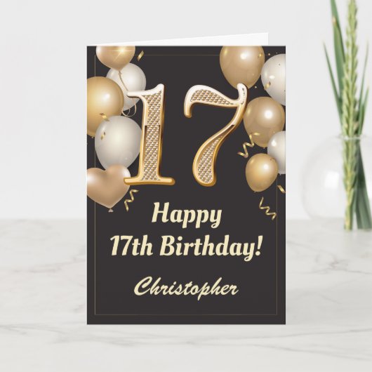 17e Birthday Black en Gold Balloons Confetti Kaart (Voorkant)