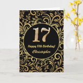 17e Birthday Black en Gold Floral Pattern Kaart (Gele Bloem)