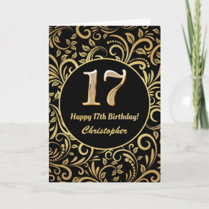 17e Birthday Black en Gold Floral Pattern Kaart