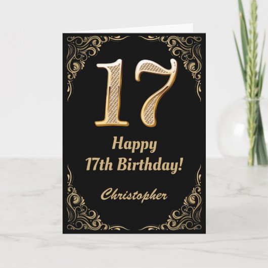 17e Birthday Black en Gold Glitter Lijst Kaart (Voorkant)