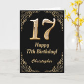 17e Birthday Black en Gold Glitter Lijst Kaart (Gele Bloem)