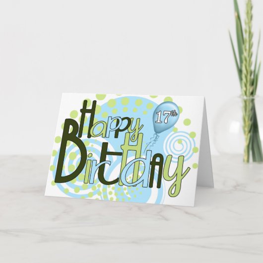 17e Birthday Blue en Green Trendy Typografie Kaart (Voorkant)