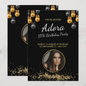 17E BIRTHDAY ELEGANT EN MODERNE ZWART MET BALLON KAART (Voorkant / Achterkant)