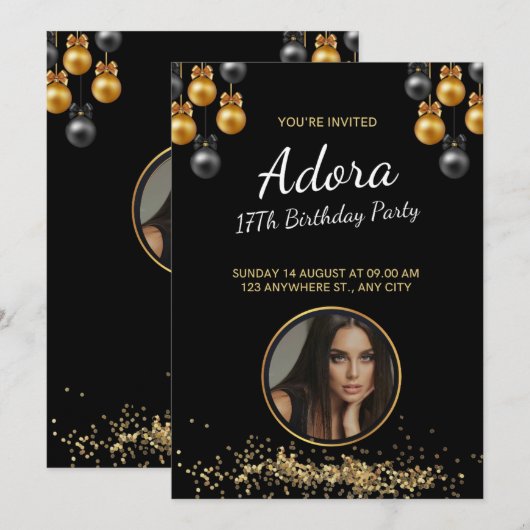 17E BIRTHDAY ELEGANT EN MODERNE ZWART MET BALLON KAART (Voorkant / Achterkant)