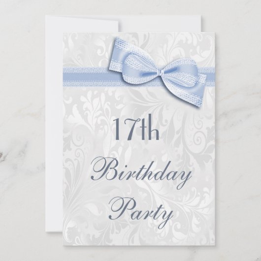 17e Birthday Party Damask and Faux Bow Kaart (Voorkant)